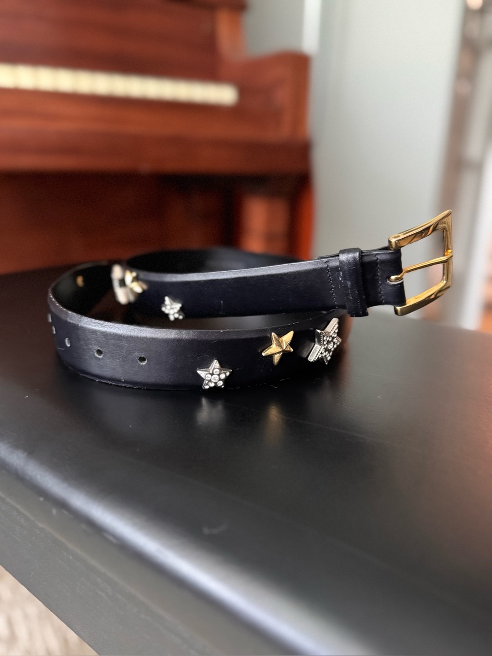 VTG Carlisle Black Leather Star Studded Belt S Gold Buckle Celestial 90’s Punk - Picture 3 of 16